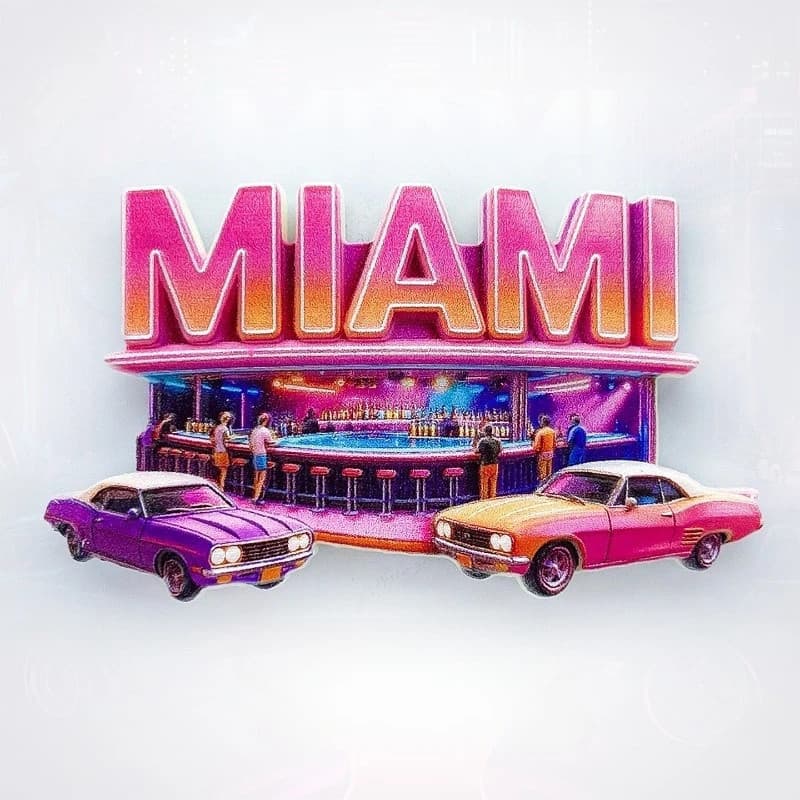 Ímãs de Geladeira de Miami Beach - Souvenires Realistas em 3D de Bar e Carro Esportivo, Presentes Únicos para Entusiasta