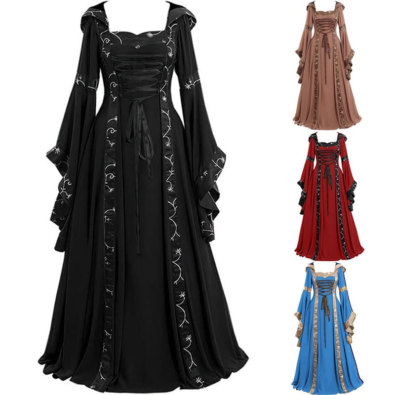 Novo europeu Medieval Retro com capuz saia longa Halloween bruxa assistente cos traje festa evento mostrar