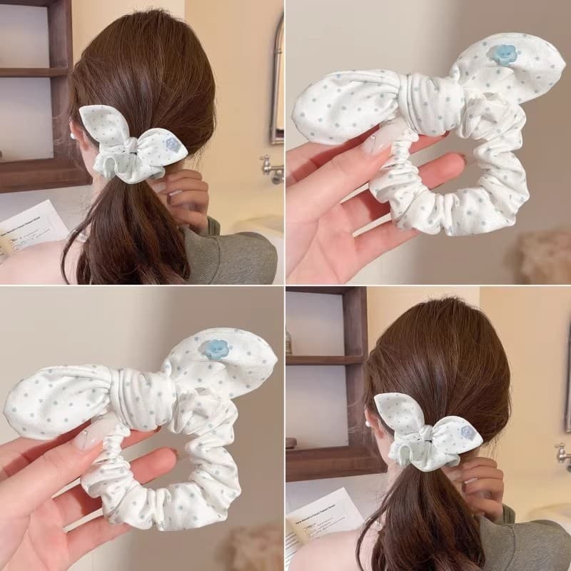 Coreano azul branco bolinhas orelhas de coelho flor anel de cabelo simples doce volta cabeça cabelo alto rabo de cavalo