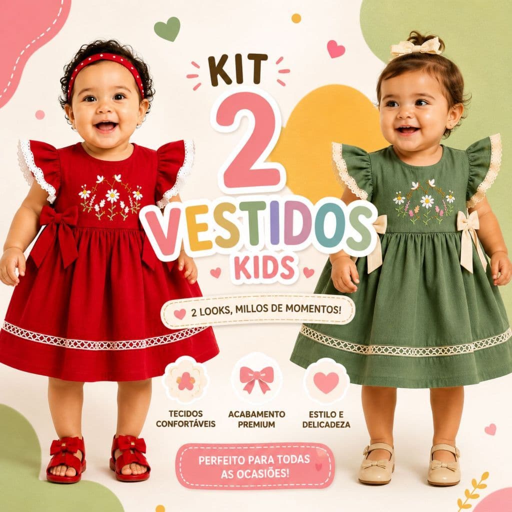Kit 2 Vestidos Feminino Infantil Com Amarração Lateral Vestido Kids com Babadinhos em Mangas