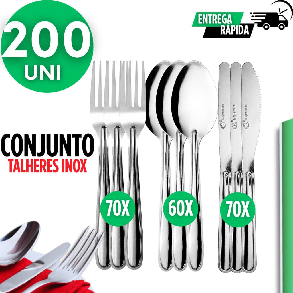 Jogo Kit 200 Talheres Talher Inox – Colher, Faca e Garfo para Refeições e Eventos
