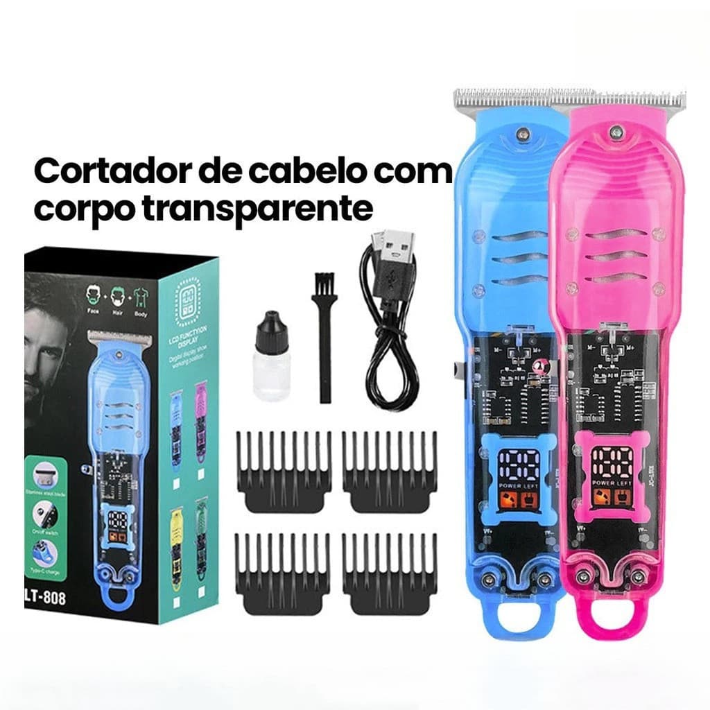 Cortador de Cabelo Profissional Sem Fio com Display LCD Inteligente  Barbeador Transparente colorida