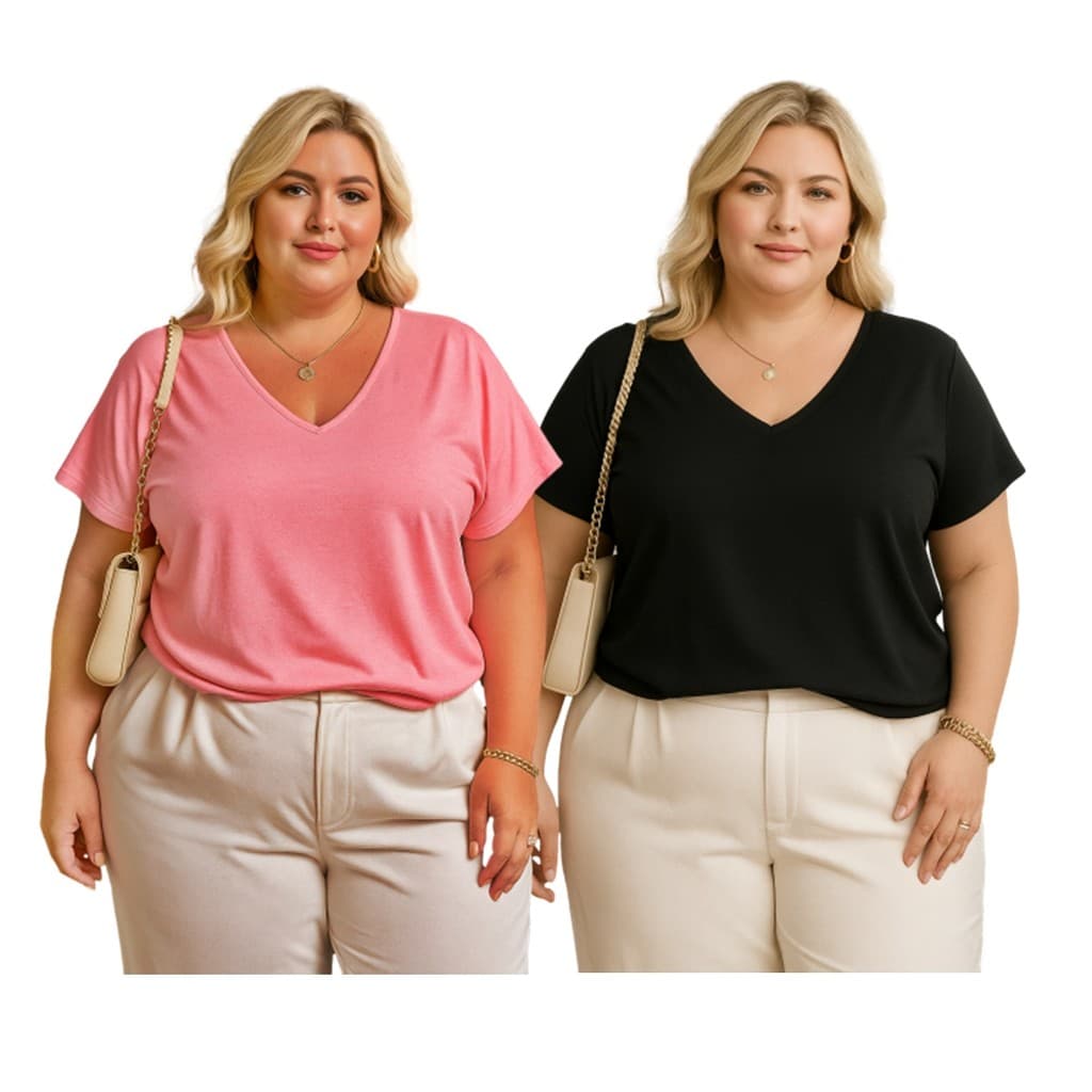 Blusa Feminina Gola v Camisa Elegante Moda Plus Size Chique Soltinha Decotada Viscolycra 2599