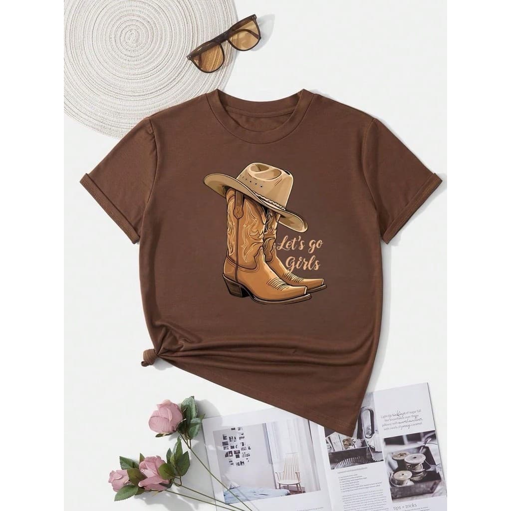 Camisa feminina de manga curta com estampa de de botas de cowboy e chapéu tendencia 100% Algodão