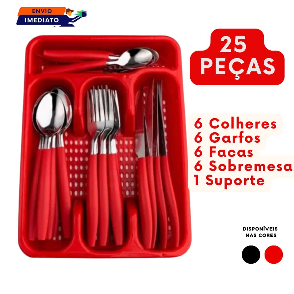 Jogo 24 Talheres Inox Cabo Plástico Preto Vermelho Com Organizador