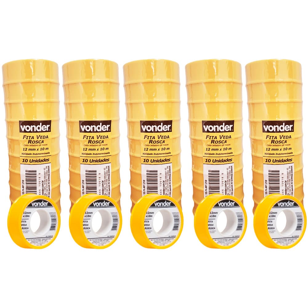 Kit 50 Fitas Veda Rosca Vonder 12mm x 10m C/ Estojo Protetor