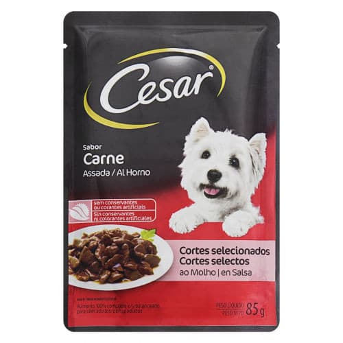 Ração Úmida para cães Cesar Sachê sabor Carne Assada ao Molho - 85g