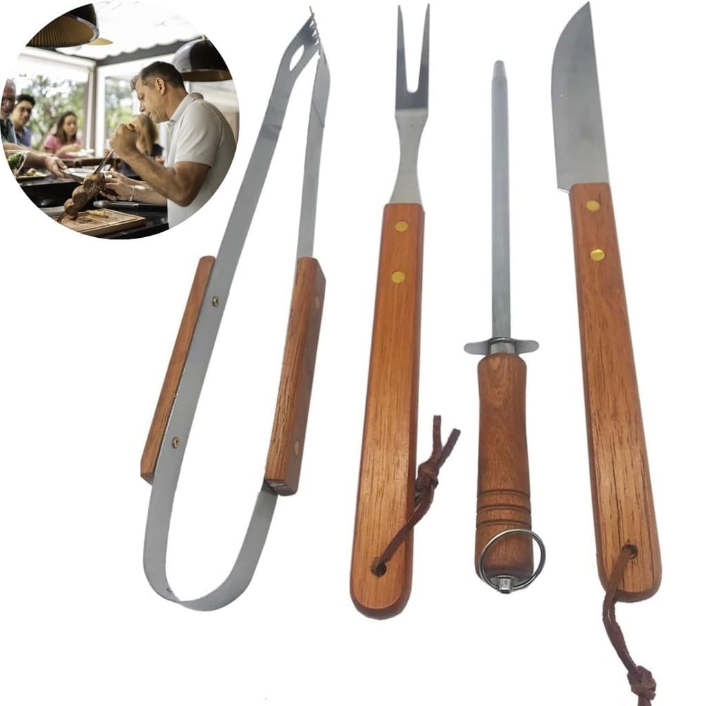 Kit Churrasco 4 Peças Com Ferramentas Ideais Para Grelhas