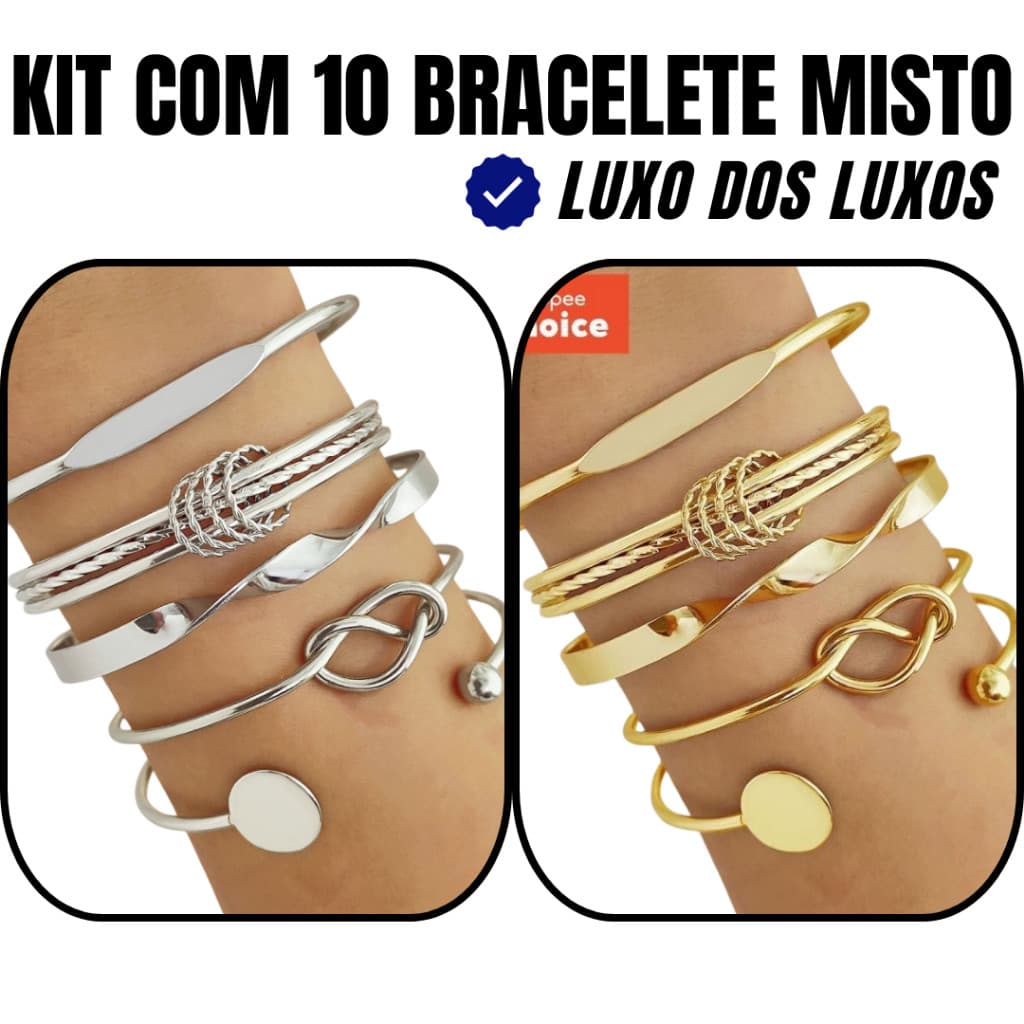 10 Peças 👑 Pulseira Bracelete de Luxo Feminina – Folheado a Ouro 18K e Prata 925