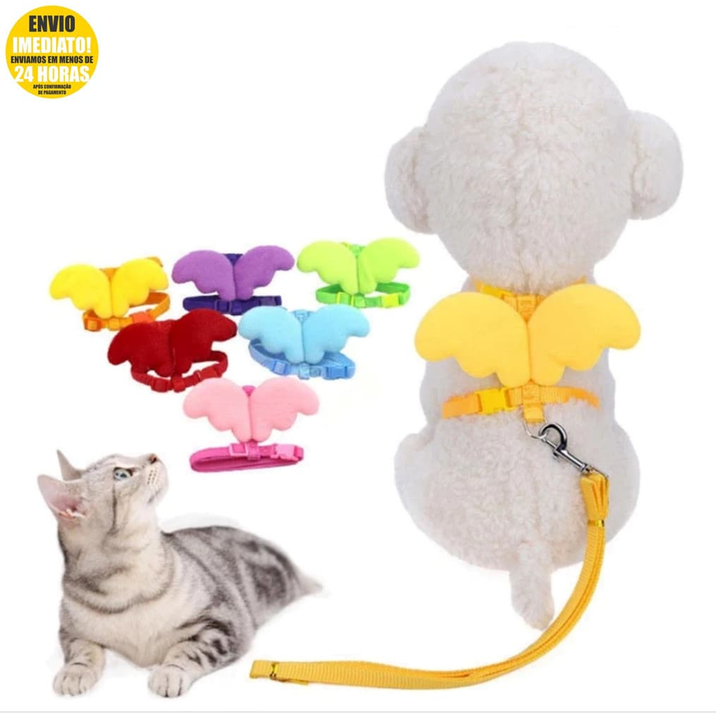Coleira Peitoral Com Guia e Asas de Anjo Ajustável Para Gatos