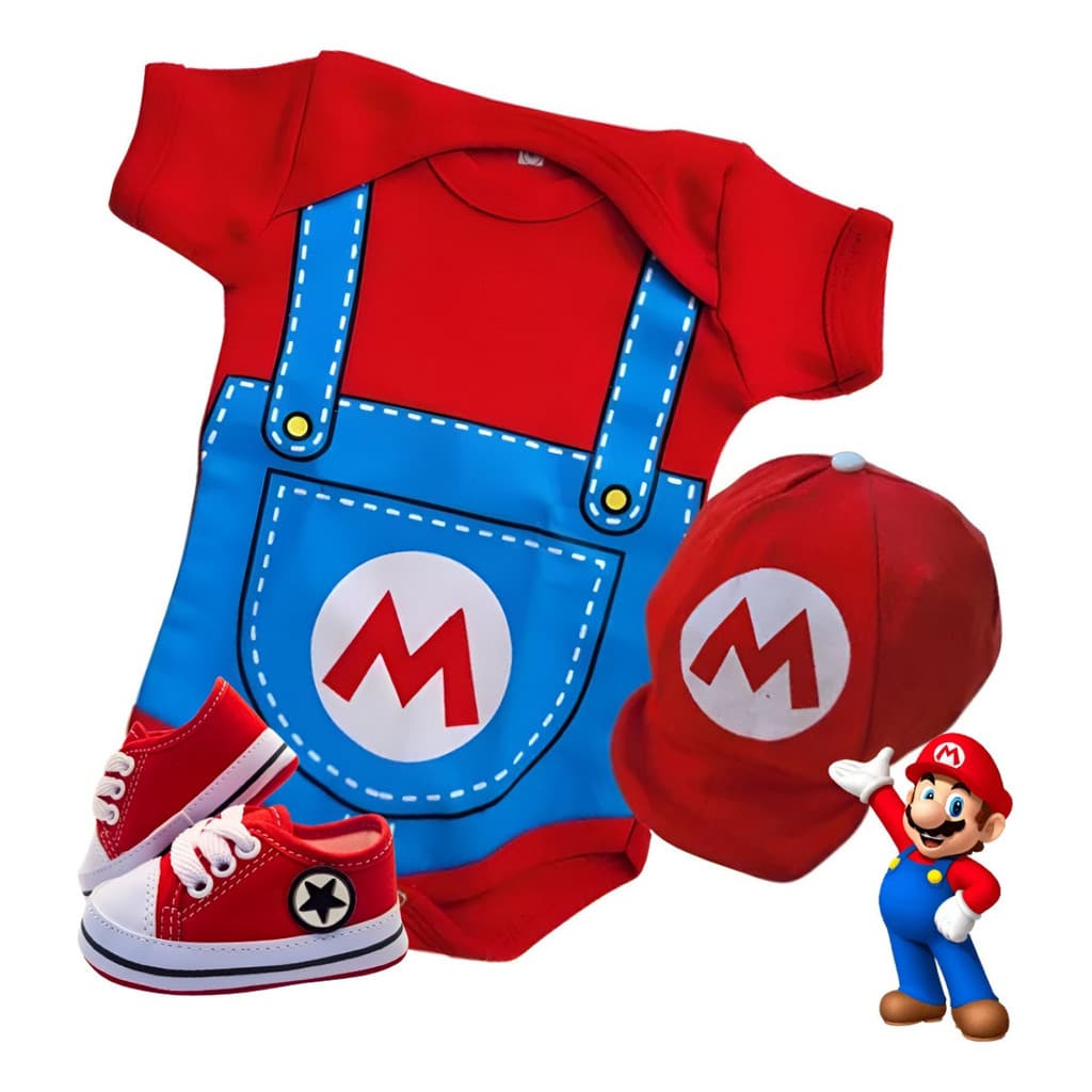 Kit Body Bebê Mesversário Fantasia Super Mario +tenis/ Boina