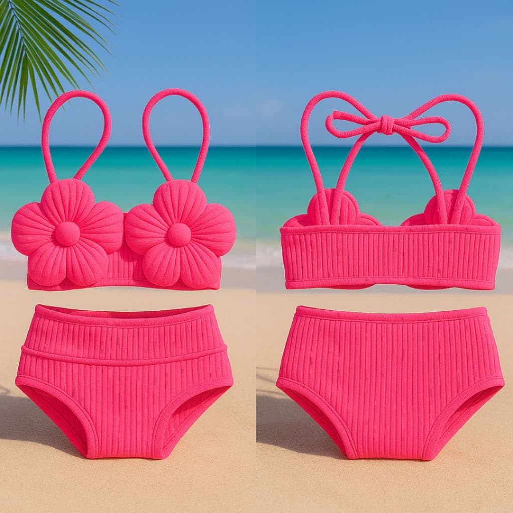 Suquine Biquine Infantil Feminino Anarruga Rosa Com Top Delicado De Flor Moda Praia Estilosa 2 A 12