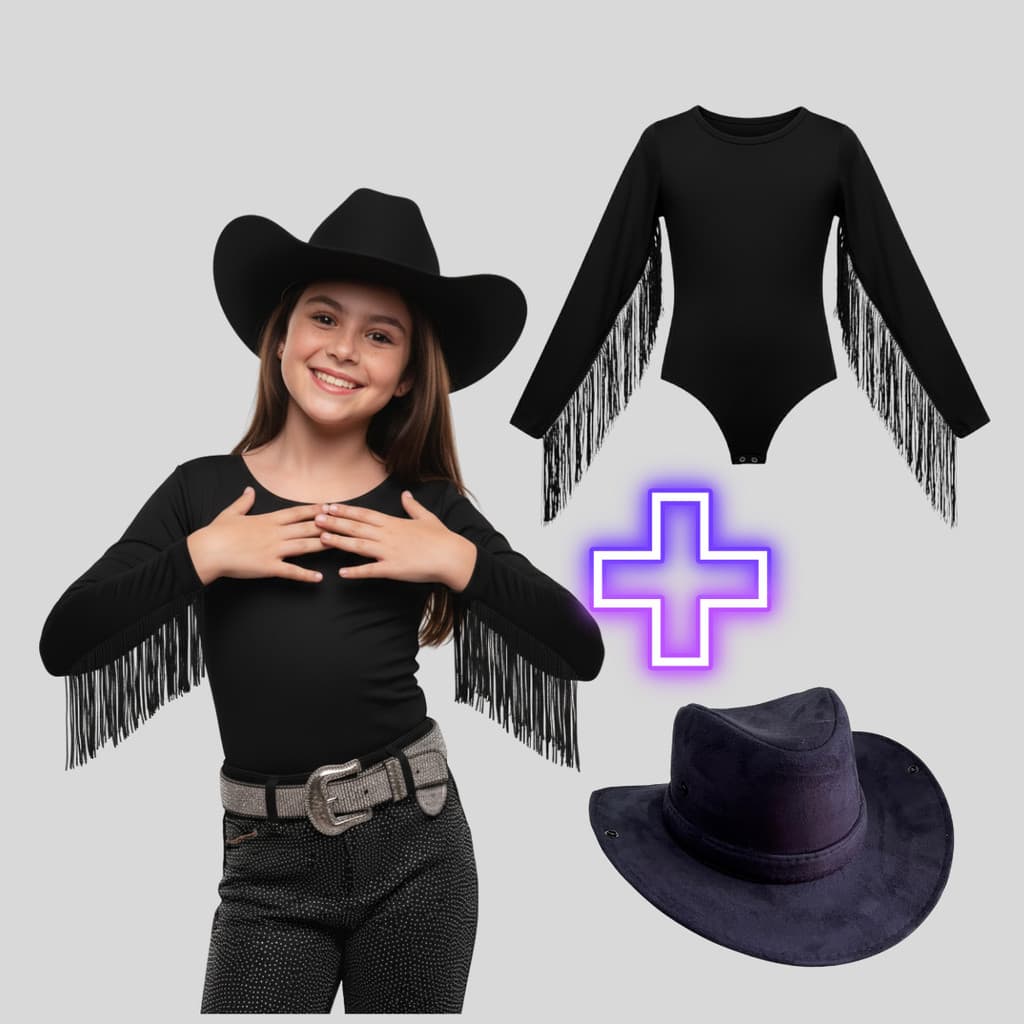 Conjunto Country Body Bore Ana Castela Menina Preto Infantil com Chapéu Para Festas e Aniversários