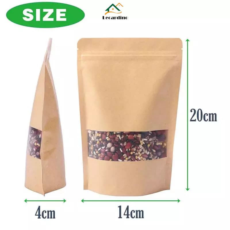 Kit 50 ou 100 Sacos de Papel com Visor Stand Up Pouch Zip Embalagens Atacado 14×20cm