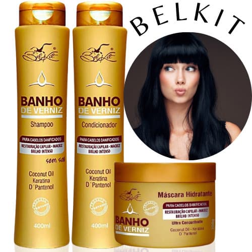 Kit Hidratação Capilar Banho De Verniz Belkit 3 Itens (Shampoo, Condicionador e Máscara)  -  Hitratação + Maciez + Brilh