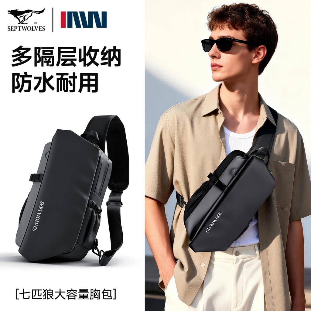 Sete lobo saco de peito masculino 2026 novo estilo bolsa de ombro grande capacidade Casual saco do mensageiro passeio mo
