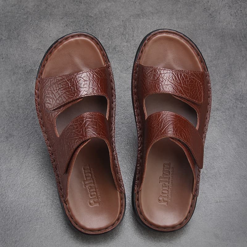 Oralen verão chinelos de couro masculino couro genuíno Velcro sandálias ajustáveis chinelos sandálias de couro masculino