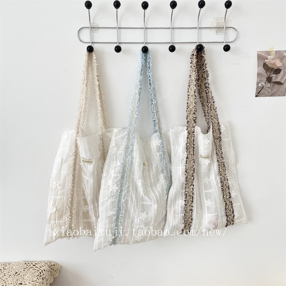 Pequeno coelho branco primavera verão pequena flor fita Design textura bolsa de lona grande capacidade bolsa de ombro po