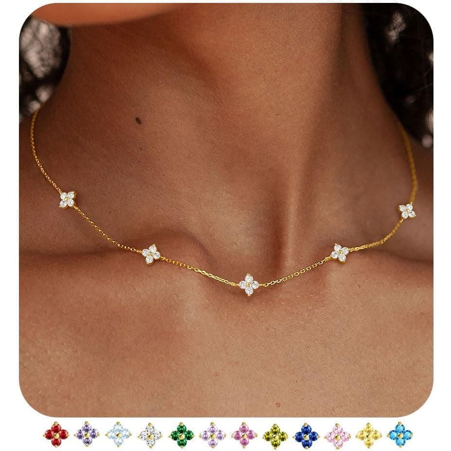 Exquisito colar de ouro com trevo de quatro folhas e pedra de nascimento, elegante colar multicamadas banhado a ouro 14K