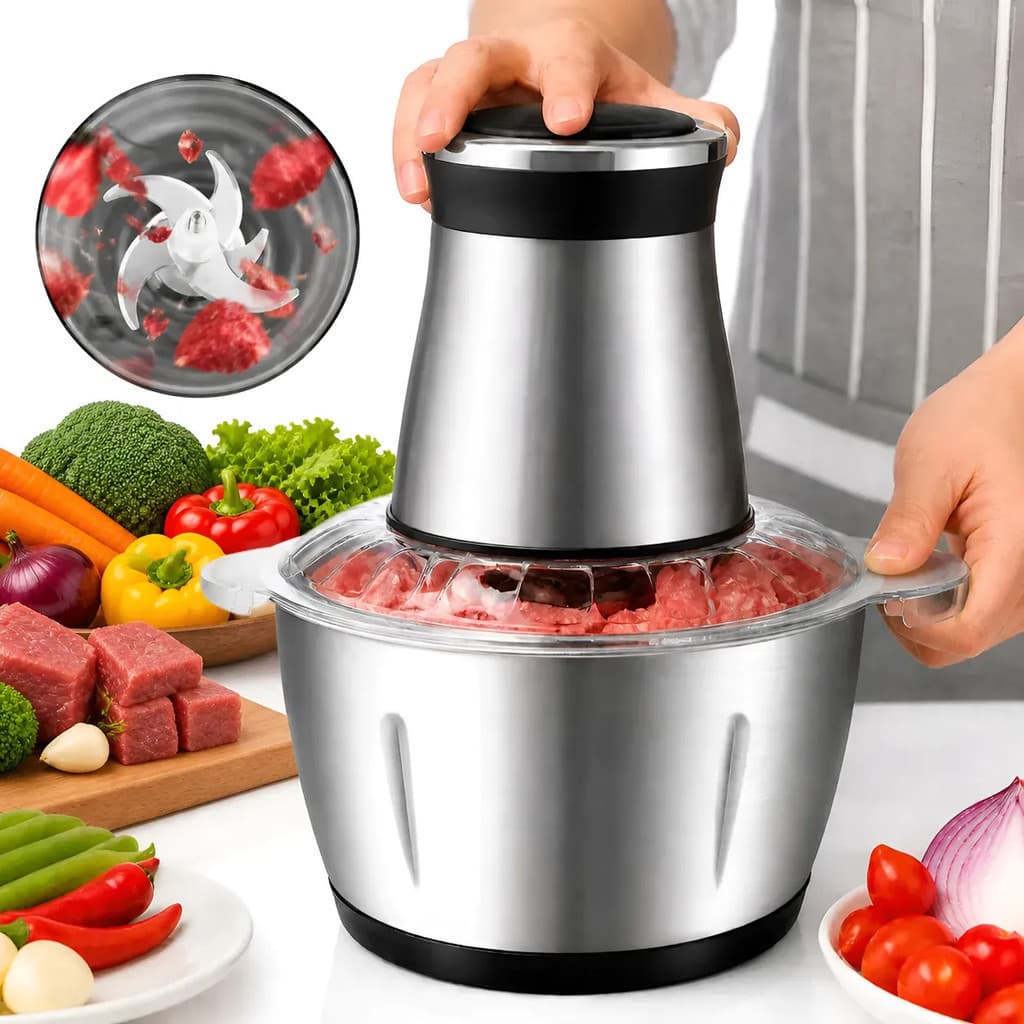 Multiprocessador de Alimentos Elétrico Inox 3L 500W com 3 Lâminas para Carne, Legumes, Frutas e Temperos