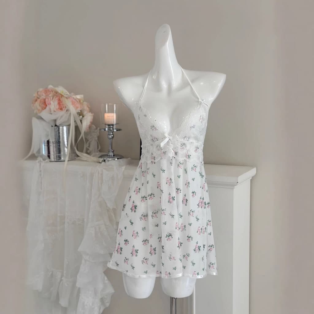 Camisola transparente de gaze Floral de renda, pijama Halter para namoro