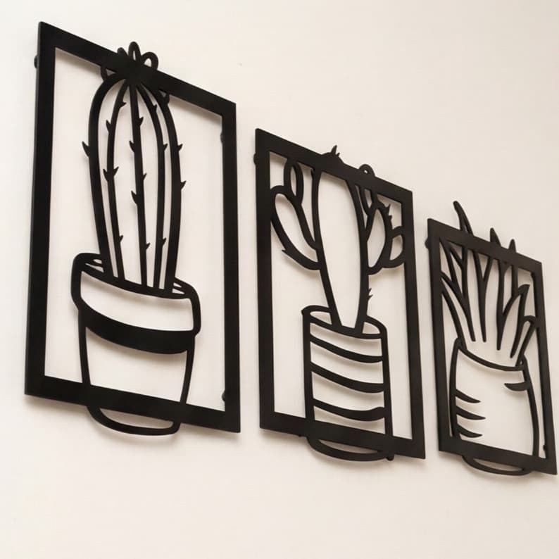 Kit 3 Quadros Cactos Suculentas MDF Preto Decoração Parede Vazado Sala Quarto Boho Planta Deco Lar