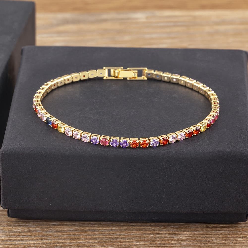 Pulseira de Corrente de Tênis Feminina Luxuosa Mosaico Zircônia Cúbica 6 Cores Arco-Íris Joias de Festa Moda Presente 54