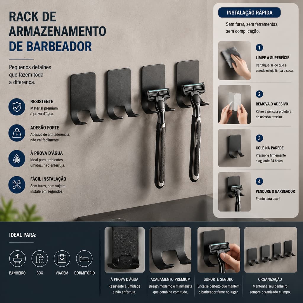 Gancho Multiuso Aço Inox Suporte Lâmina Barbear Banheiro Cozinha Sem Perfurar