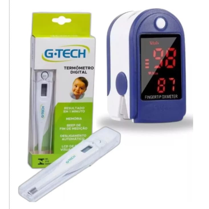 Kit Termometro Digital Branco C/selo e Oximetro Dedo Pulse Adulto Infantil Cuide da Febre Oxigenação em Casa