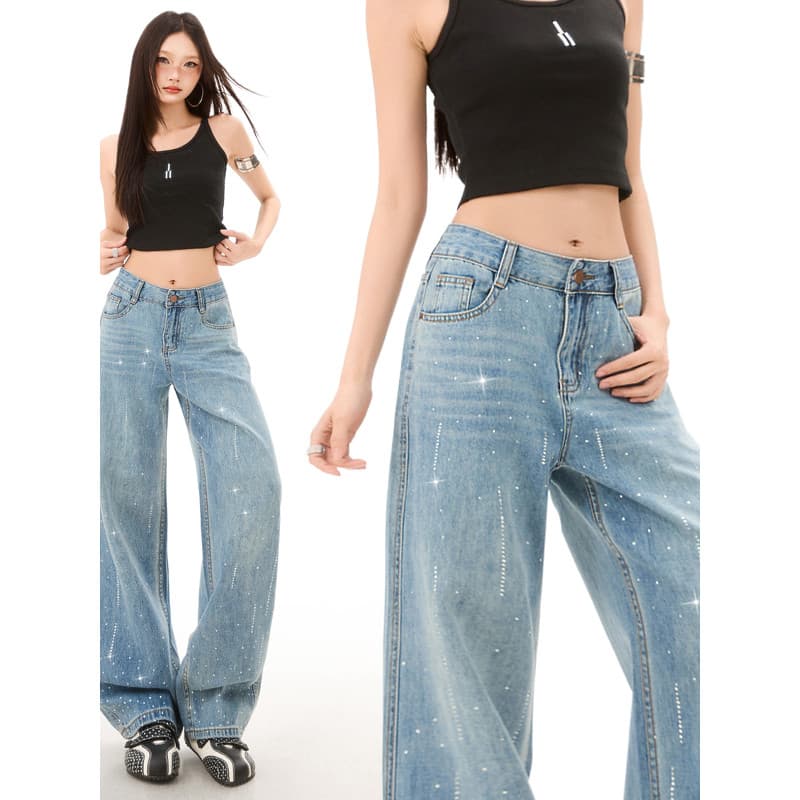 Verão luz azul quente diamante strobe Jeans retos feminino 2026 Super quente pequeno tornozelo-robado diamante-robado es