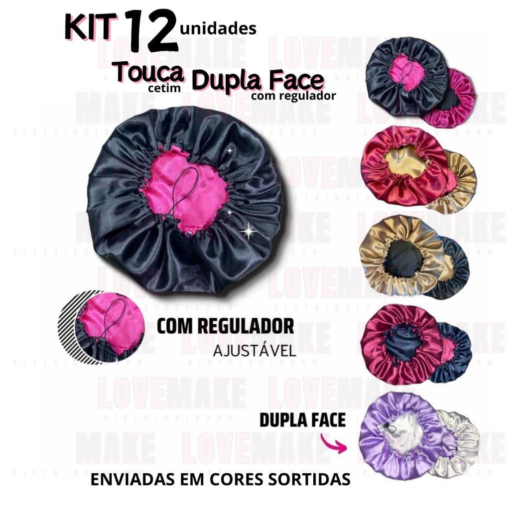 Kit com 12 unidades Touca De Cetim Anti Frizz Touca Dupla face com Regulador
