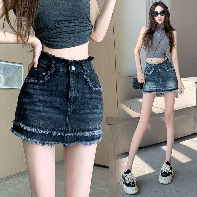 Saia jeans feminina verão quente menina cintura alta mais magro olhar a linha saia All-Match Hip saia na moda denim