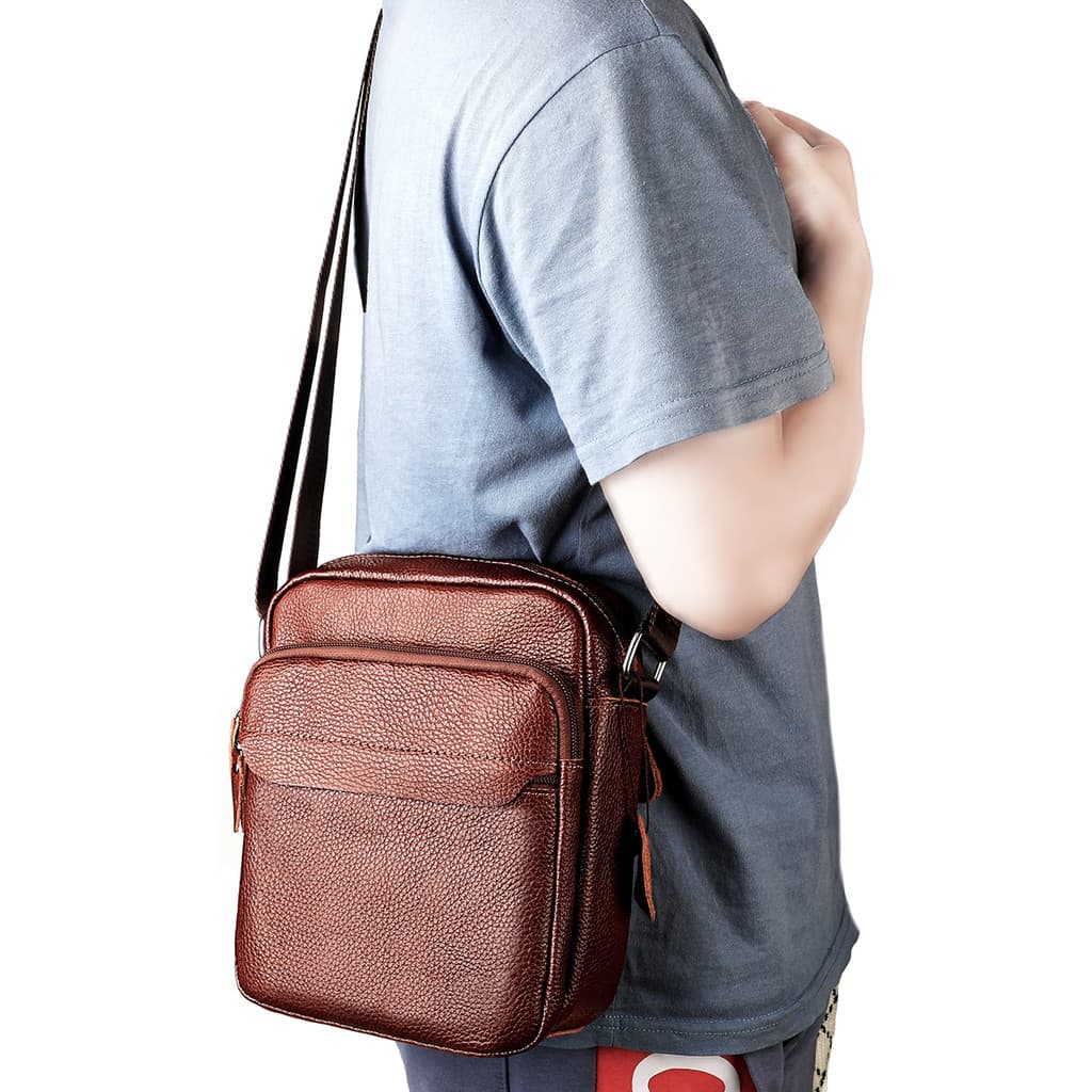 Homens primeira camada de couro bolsa ombro diário simples rua Wear mochila leve meninos Diagonal saco grande capacidade