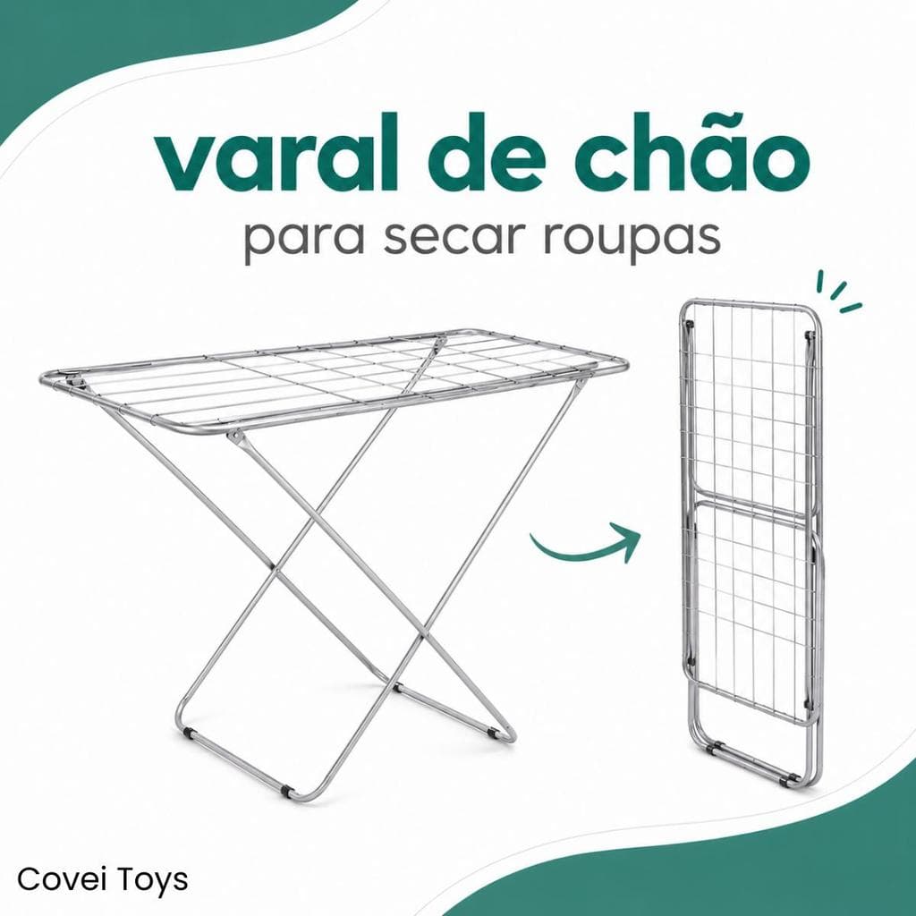 Varal Chão Dobrável Suporta 40Kg Roupas Estrutura Portátil Resistente Fácil Organização Praticidade