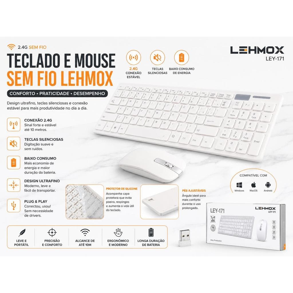 Combo Teclado E Mouse Sem Fio Usb 2.4 Ghz - Ley-171 predo/branco