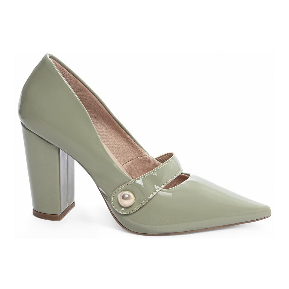 Sapato Scarpin  Salto Grosso Alto Bico Fino VerniVerniz Verde