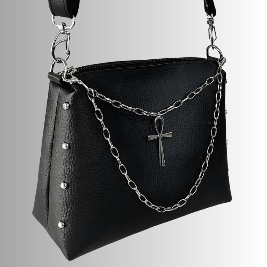Bolsa Tiracolo Preta Gótica com Pingente Ankh Correntes Estilo Alternativo Místico