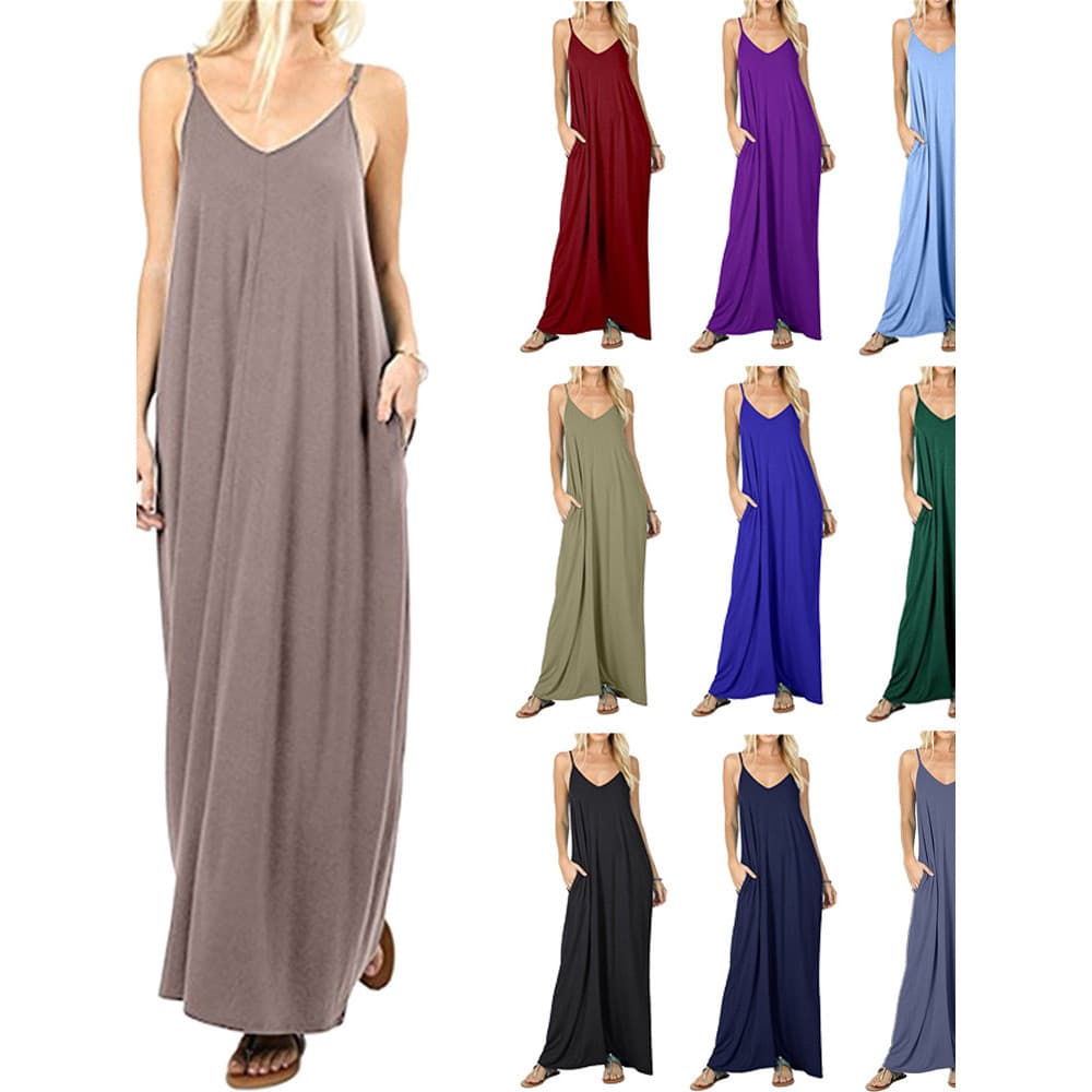 Vestido Camisola Feminino De Cor Sólida Com Bolso E Suspensório