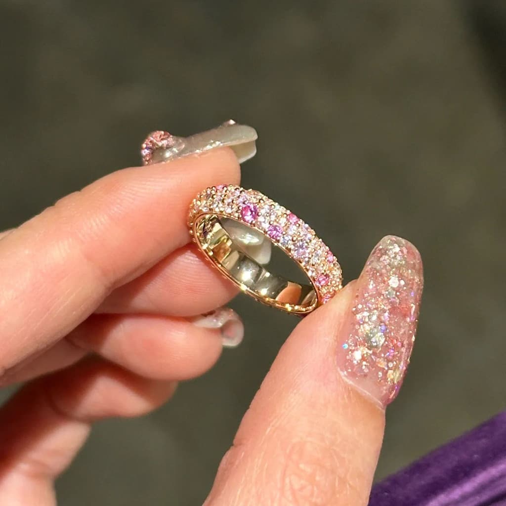 [Estoque pronto] Anel de empilhamento de contas redondas Pavé com gradiente de ouro rosa pêssego rosa branco diamante Pa