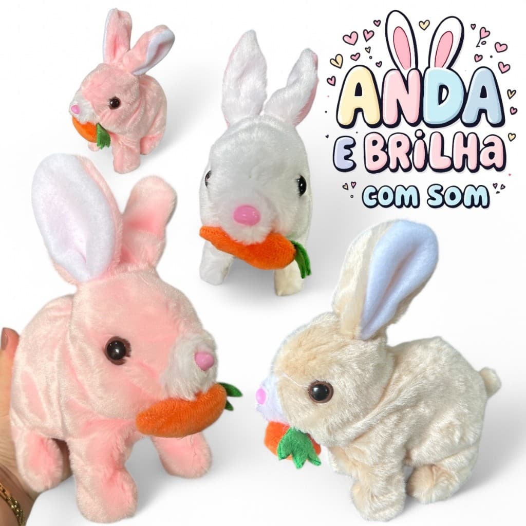Coelhinho De Pelucia Eletrico Com LED Anda Pula Emite Som Pascoa Brinquedo Infantil Interativo Caminhar Com Luz