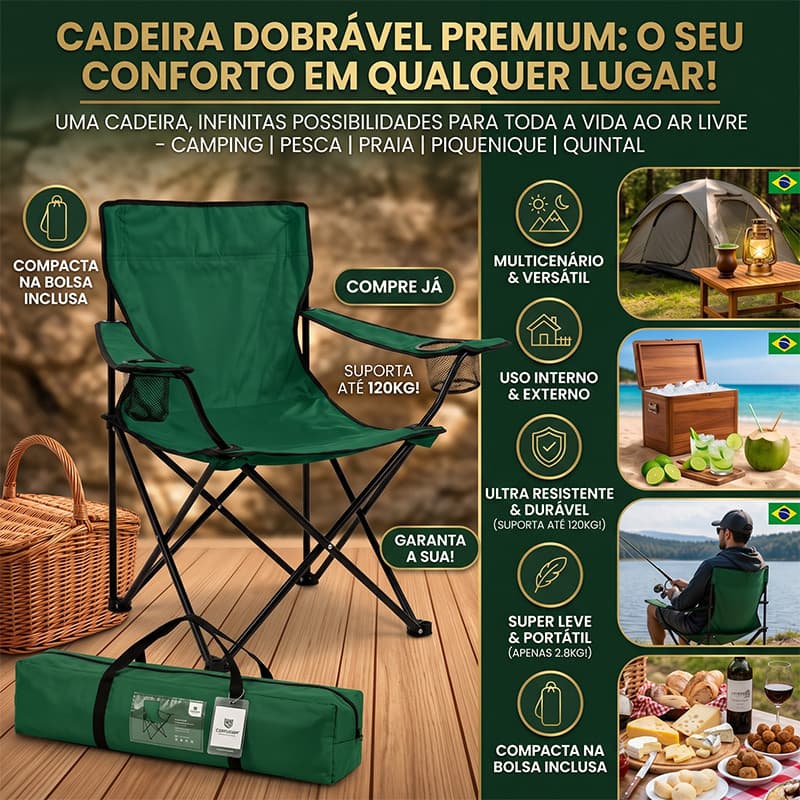 Cadeira dobrável com bolsa de transporte, porta copo duplo, estrutura de aço reforçado para praia, camping e pesca