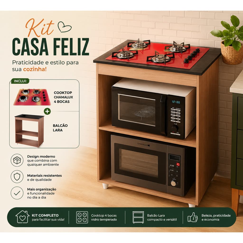 Fogão Cooktop + Balcão em Madeira Lara / Chamalux 4 Bocas Acendimento Elétrico