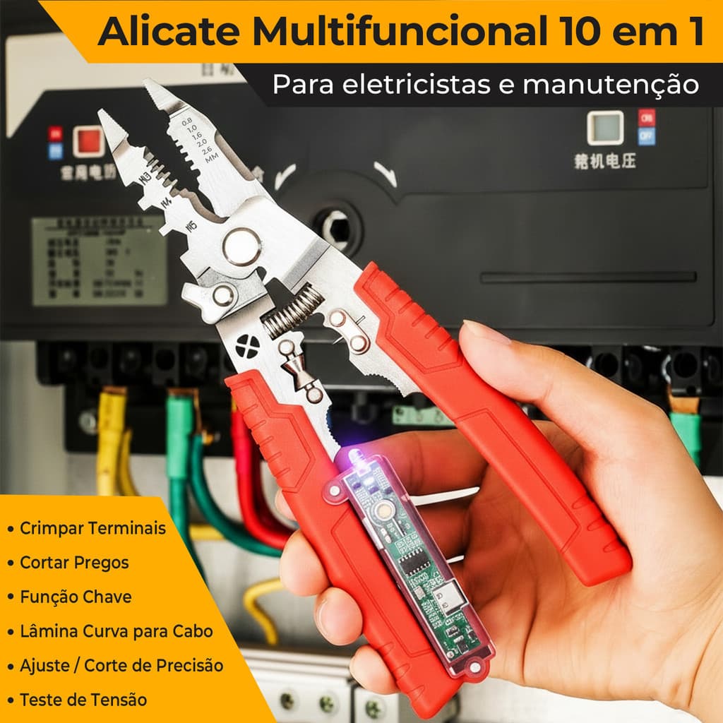 Alicate Eletricista Multifuncional 10 em 1 Descascador Crimpador Cortador Indicador de tensão LED