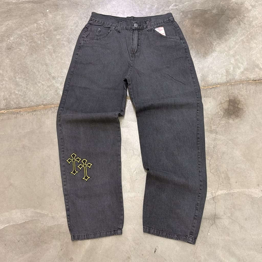 Calça Jeans Masculina Balão Baggy Streetwear Casual Preto Estonado Estiloso Com Cruz