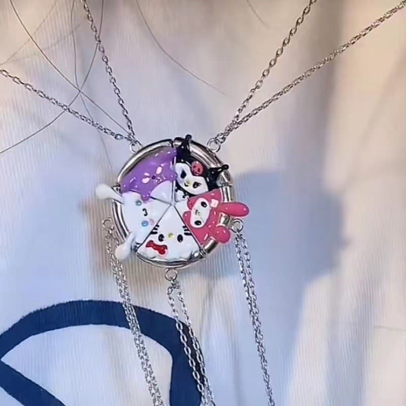 Conjunto de 5 Peças de Colar Magnético Sanrio Kuromi Baku Melody Cinnamoroll Cão Gatinho Gato Adesivo de Pizza Presente