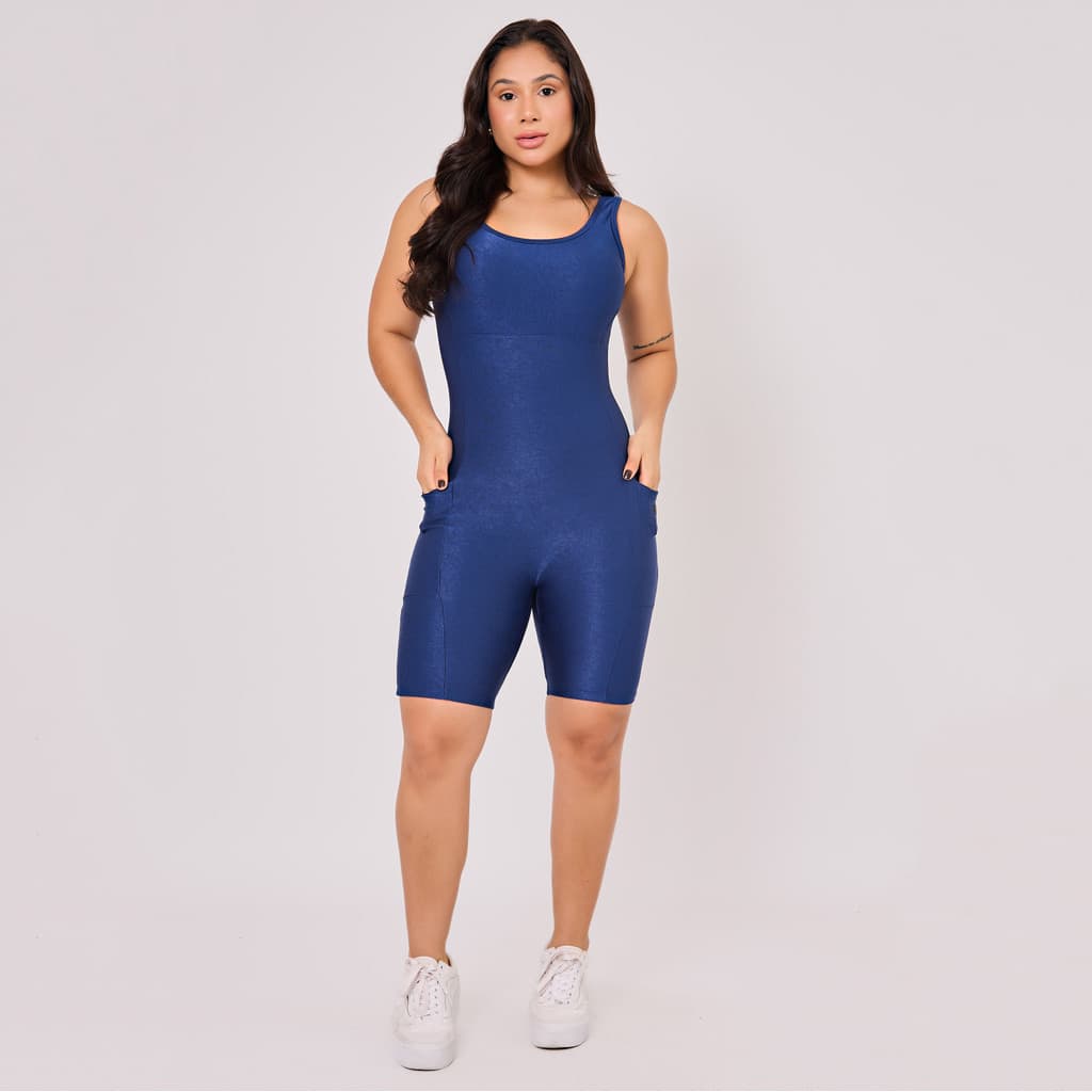 Macaquinho Virginia Feminino Fitness Canelado Com Bolsos Zero Transparência Academia