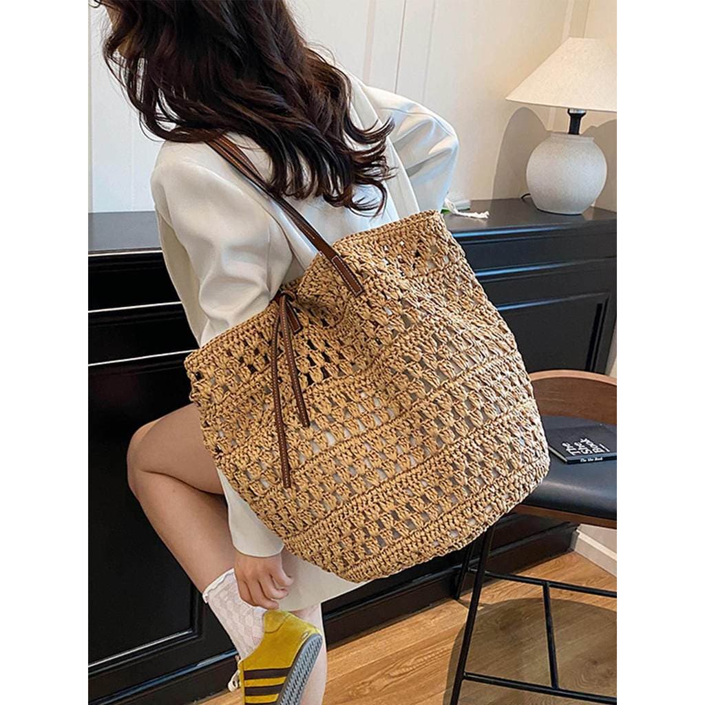 Bolsa de palha tecida à mão de grande capacidade, bolsa de praia para férias à beira-mar de um ombro