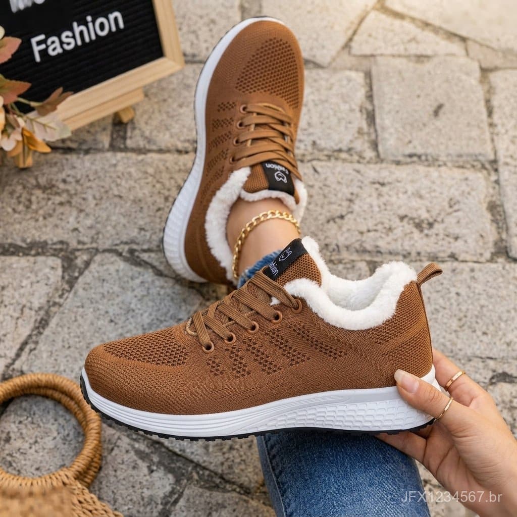 Tênis Femininos de Inverno Forrados com Lã, Quentes, de Algodão, Casuais, Leves, à Prova de Frio, para Caminhadas ao Ar