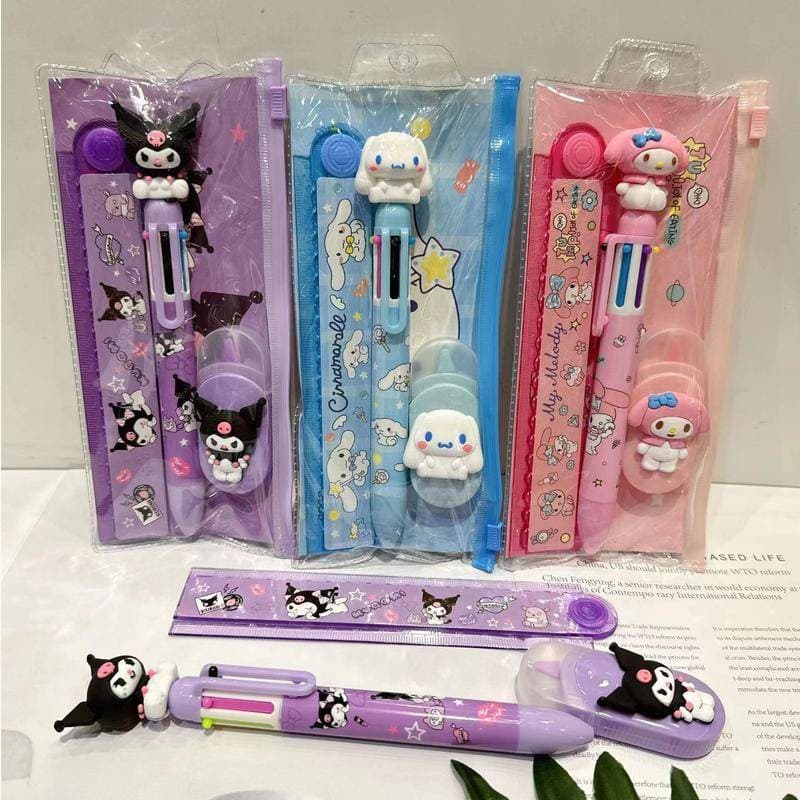 Conjunto de 3 peças de fita corretiva de 6 cores Sanrio My Melody Kuromi Cinnamoroll, caneta esferográfica dobrável de 3