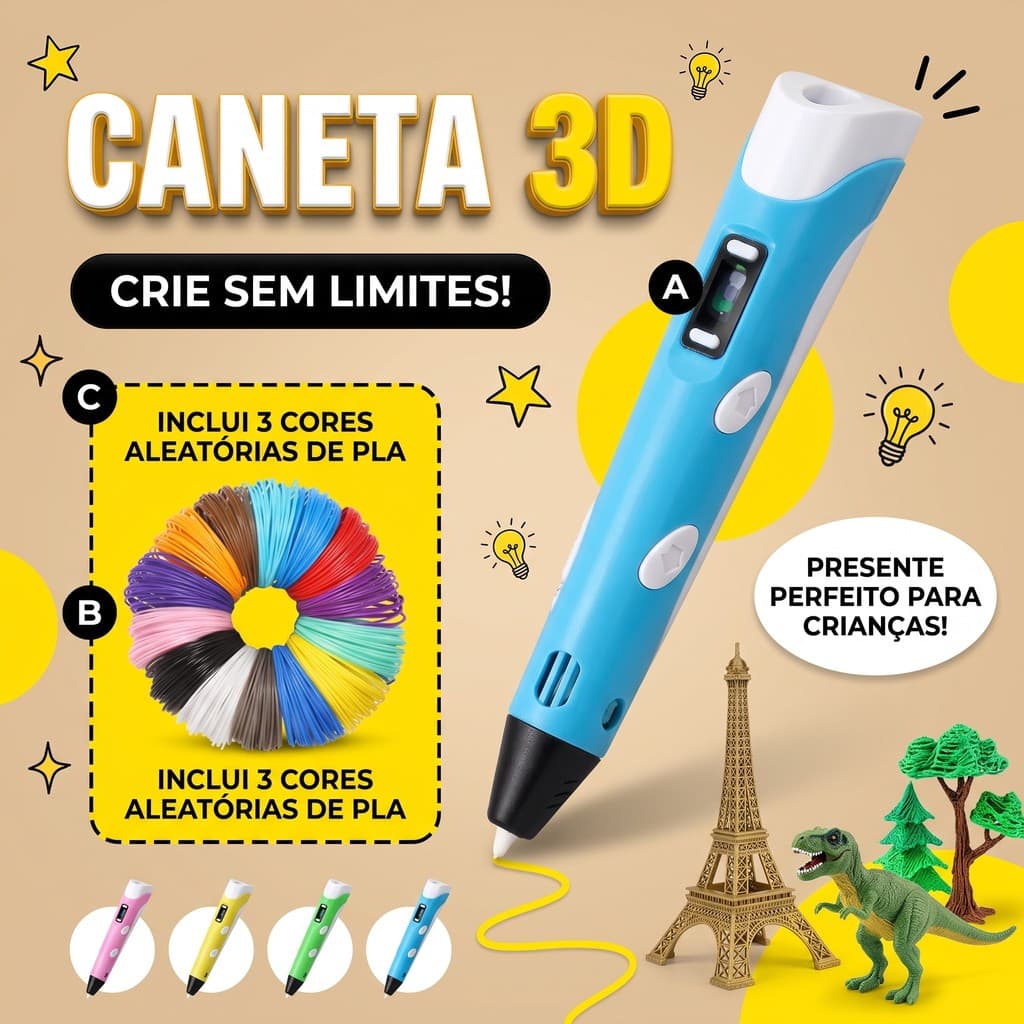 Hugo Caneta 3D Manual com Tela LCD – Filamentos PLA e ABS para Desenho 3D, Infantil e Adulto